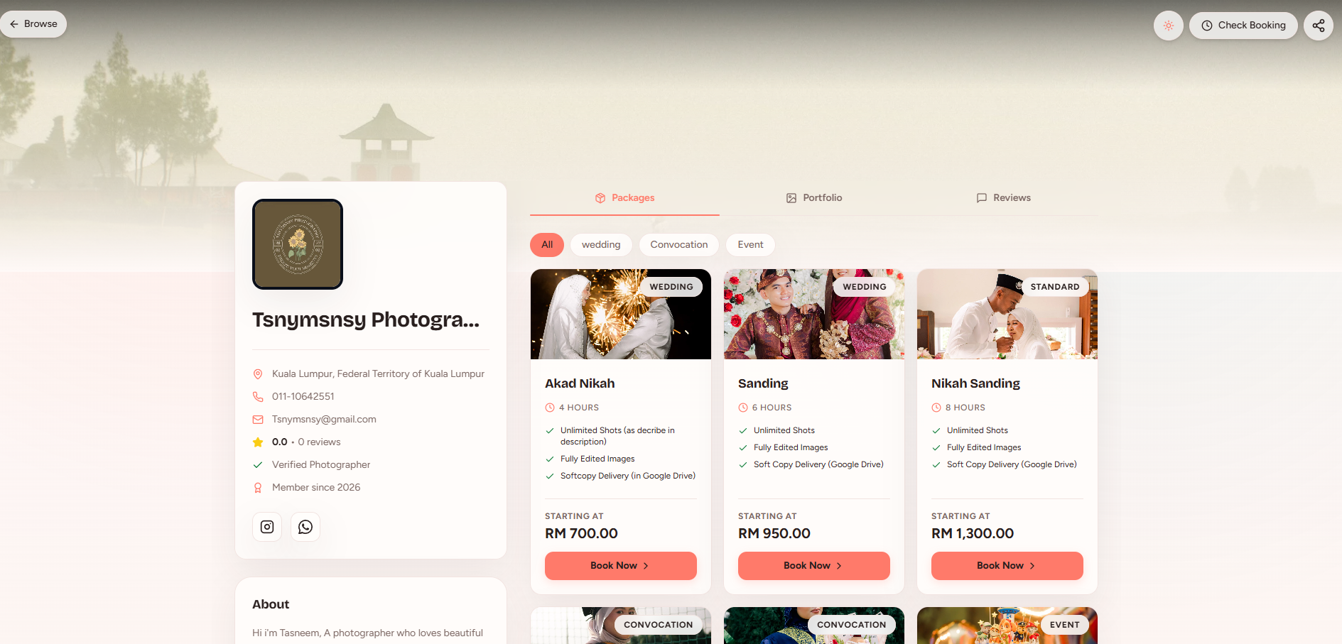 MaiGambar.my photographer public profile with packages