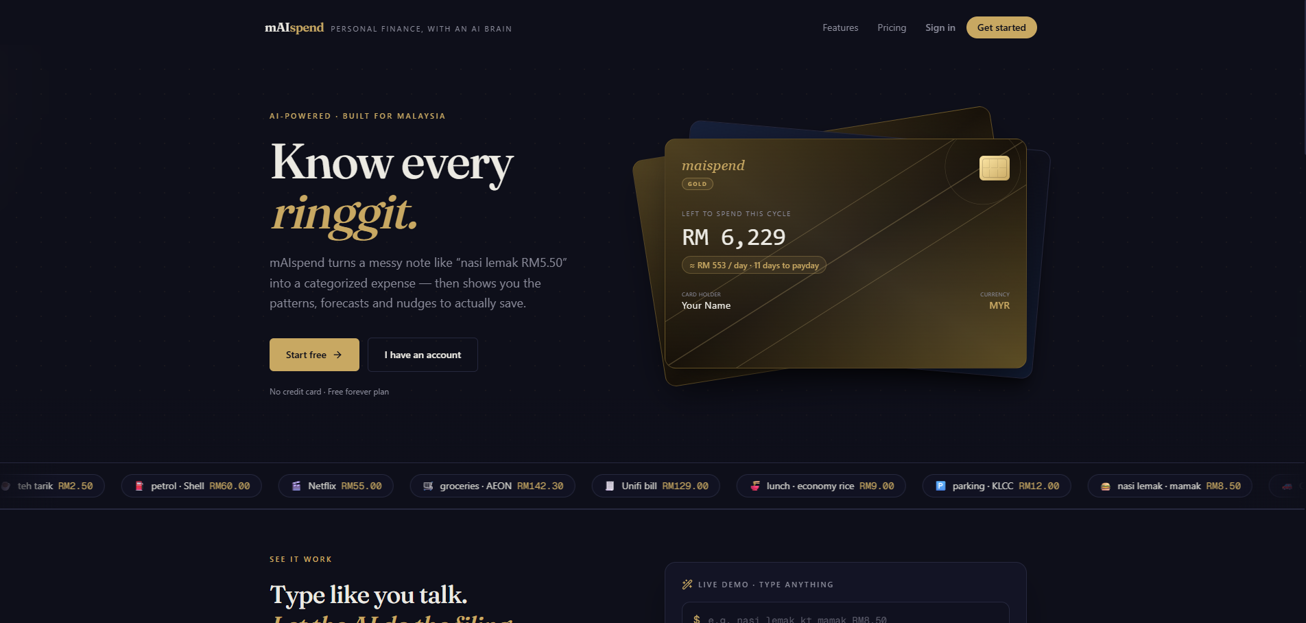 maispend AI personal finance dashboard landing