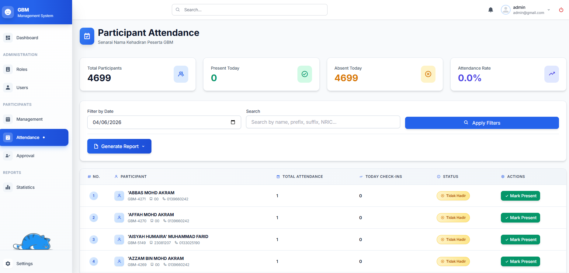 Scan attendance participant list dashboard